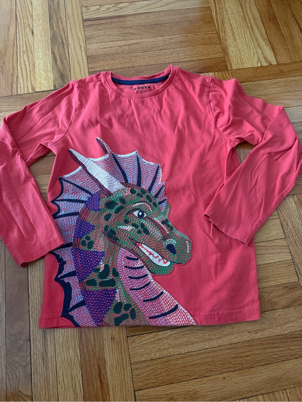 Mini Boden Kids Long-Sleeve Dragon Appliqué  Tee